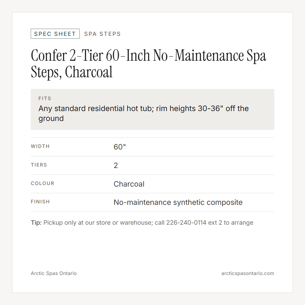 Spec sheet for Confer 2-Tier 60-Inch No-Maintenance Spa Steps, Charcoal: fitment and key specs