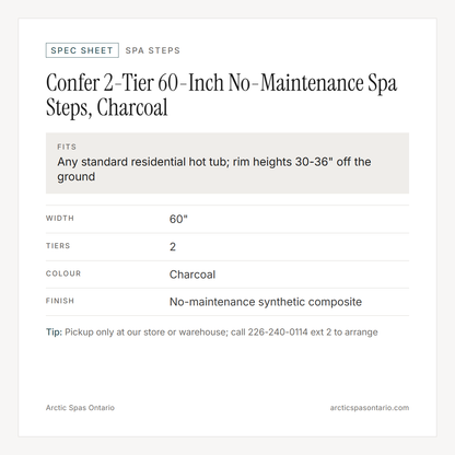 Spec sheet for Confer 2-Tier 60-Inch No-Maintenance Spa Steps, Charcoal: fitment and key specs