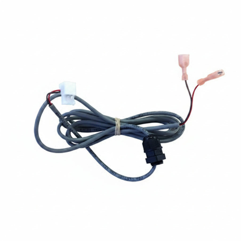 Coiled grey pressure switch cable with white plug, black fitting and two pink insulated spade terminals