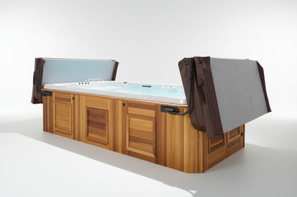 Two-piece brown swim spa cover open at both ends, cedar cabinet