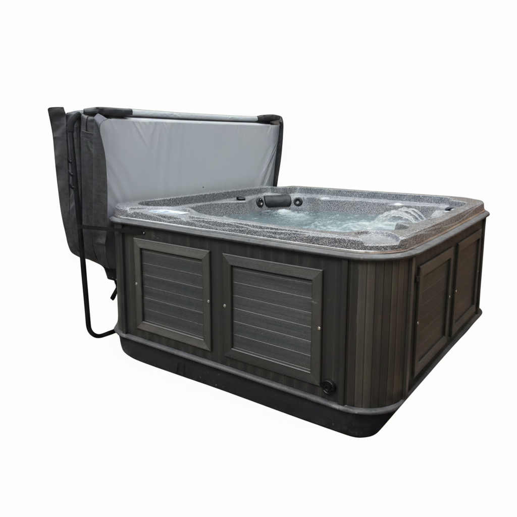 Grey Arctic Spas cover folded open on a lifter behind a charcoal-cabinet spa