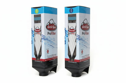 Pair of Arctic Spas Pro Filter retail boxes with cutaway pleat view