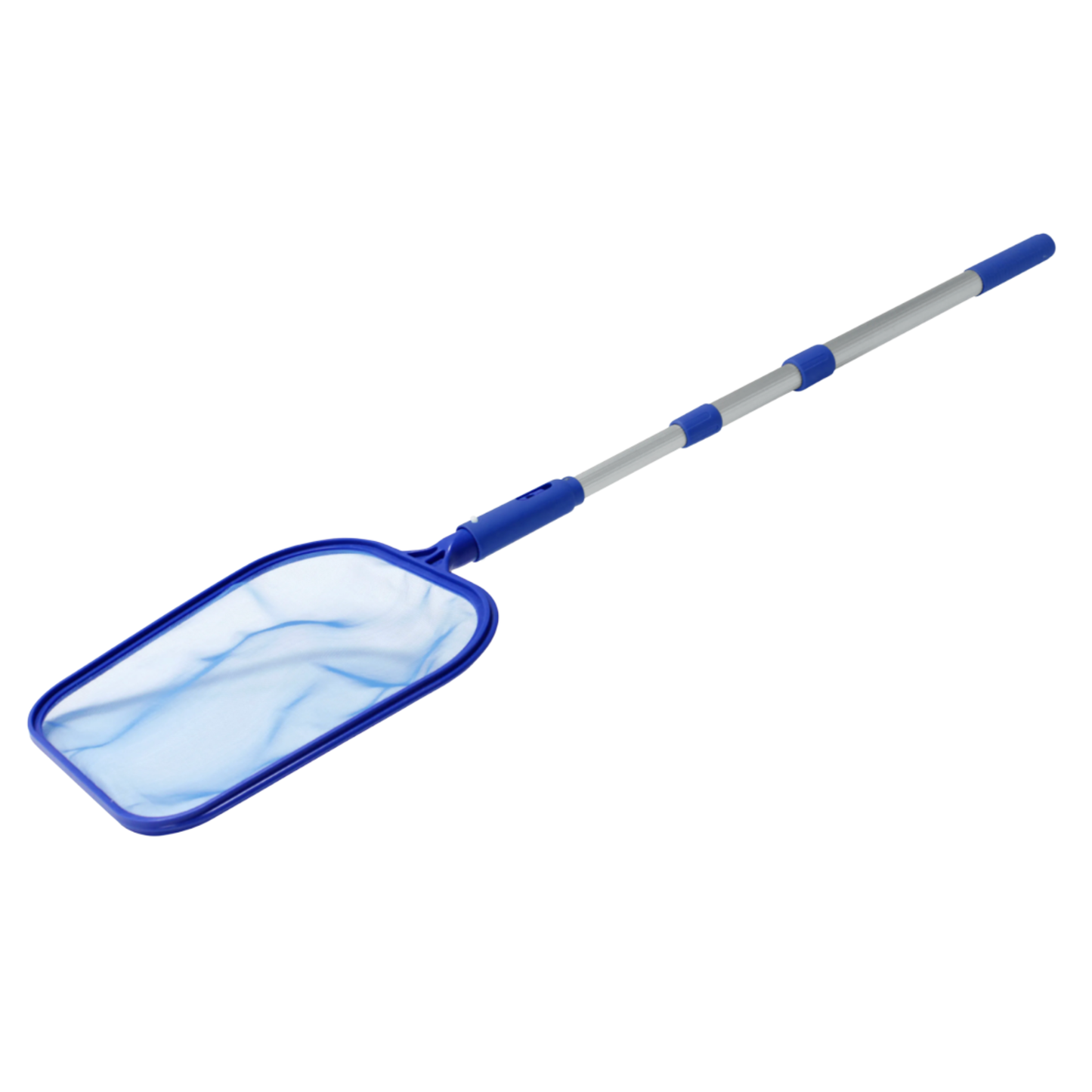 Blue pool skimmer net with a long handle on a white background
