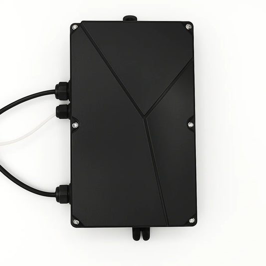 Black SpaBoy generator control box with corner screws, side cable glands and black and white leads, on white background