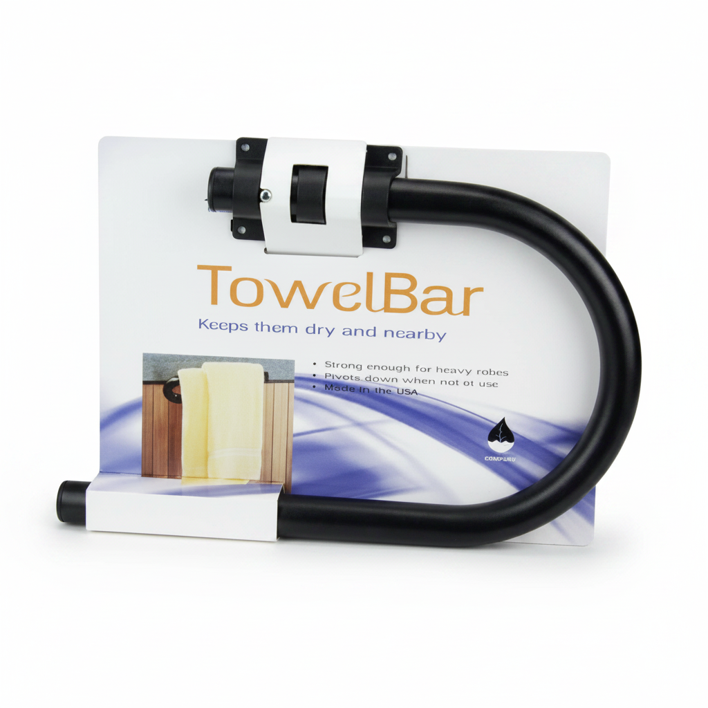 TowelBar product packaging with black towel bar on a white background