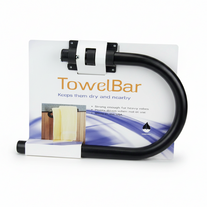 TowelBar product packaging with black towel bar on a white background