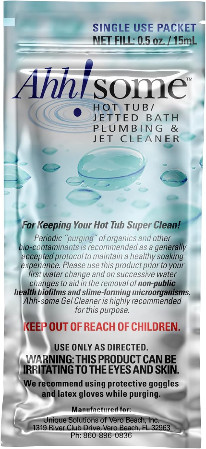 Ahh-Some single-use 0.5 oz foil packet of hot tub plumbing and jet cleaner with water droplet design