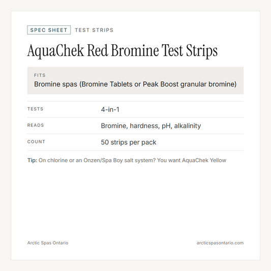 Spec sheet for AquaChek Red Bromine Test Strips: fitment and key specs