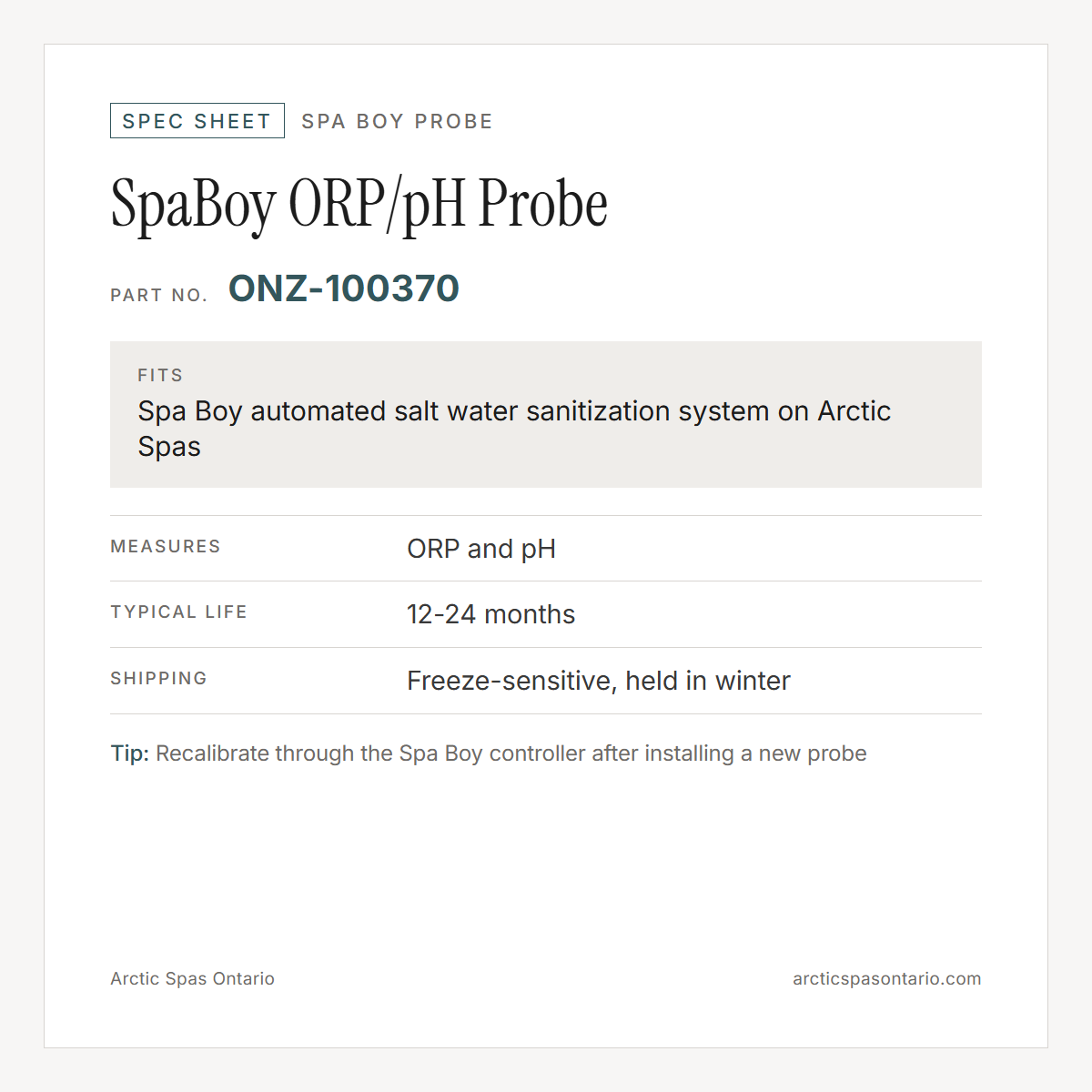 Spec sheet for SpaBoy ORP/pH Probe: fitment and key specs