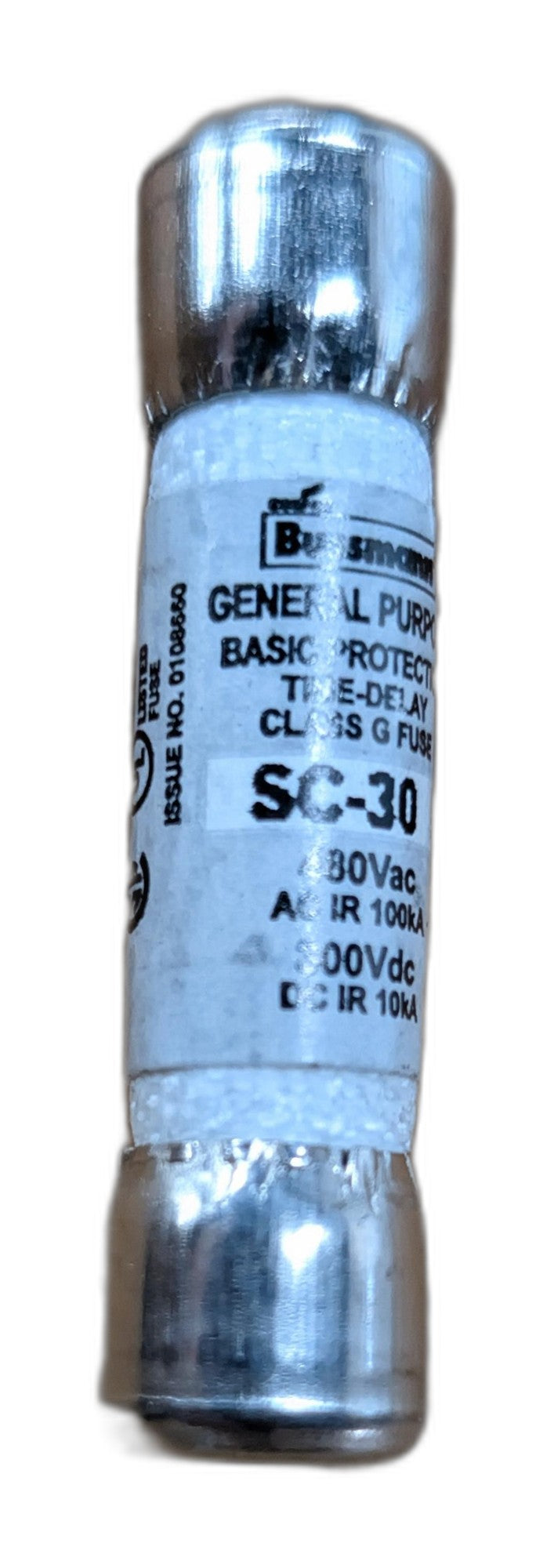 Bussmann SC-30 Class G time-delay 30 amp spa fuse, white body with silver end caps