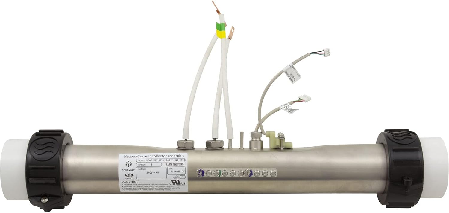 Gecko INYE 4kW spa heater assembly side view showing 240V 4kW rating label