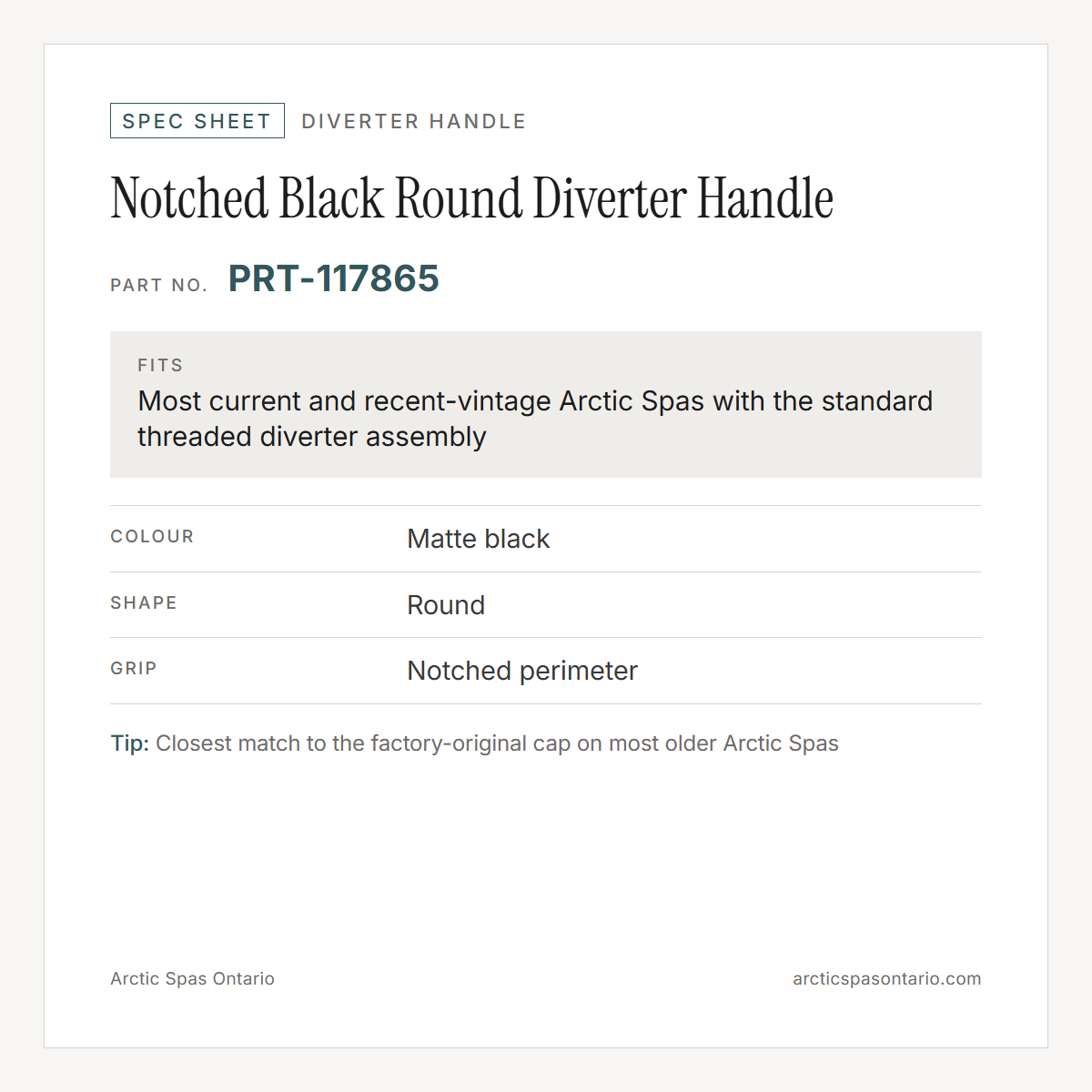 Spec sheet for Notched Black Round Diverter Handle: fitment and key specs