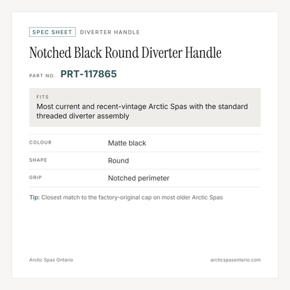 Spec sheet for Notched Black Round Diverter Handle: fitment and key specs
