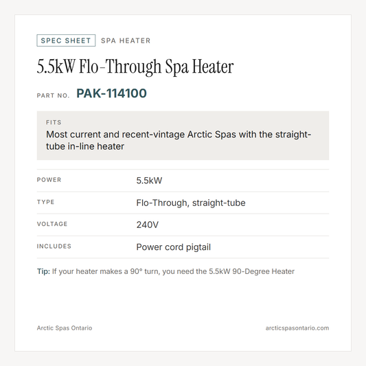 Spec sheet for 5.5kW Flo-Through Spa Heater: fitment and key specs