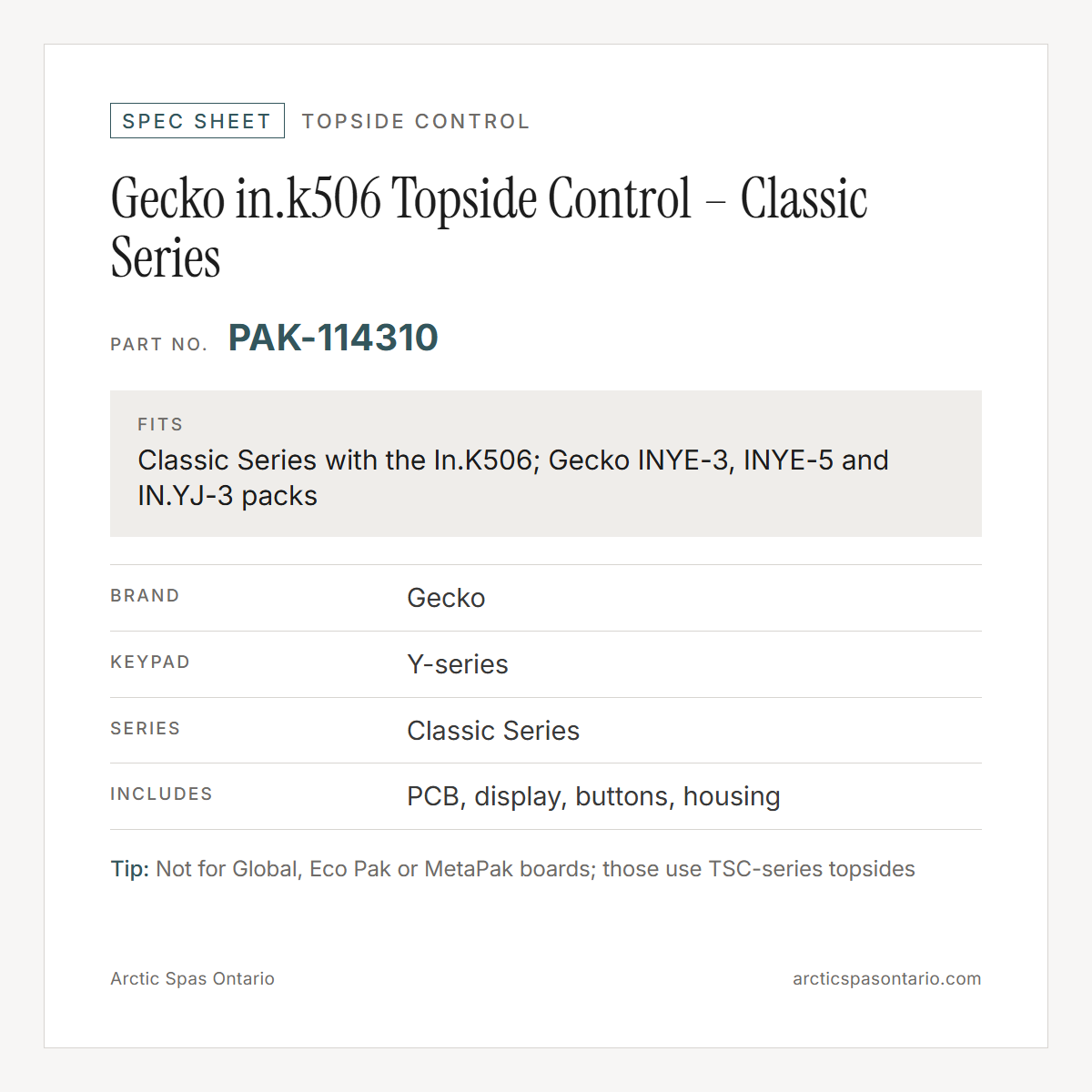 Spec sheet for Gecko in.k506 Topside Control – Classic Series: fitment and key specs