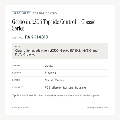 Spec sheet for Gecko in.k506 Topside Control – Classic Series: fitment and key specs