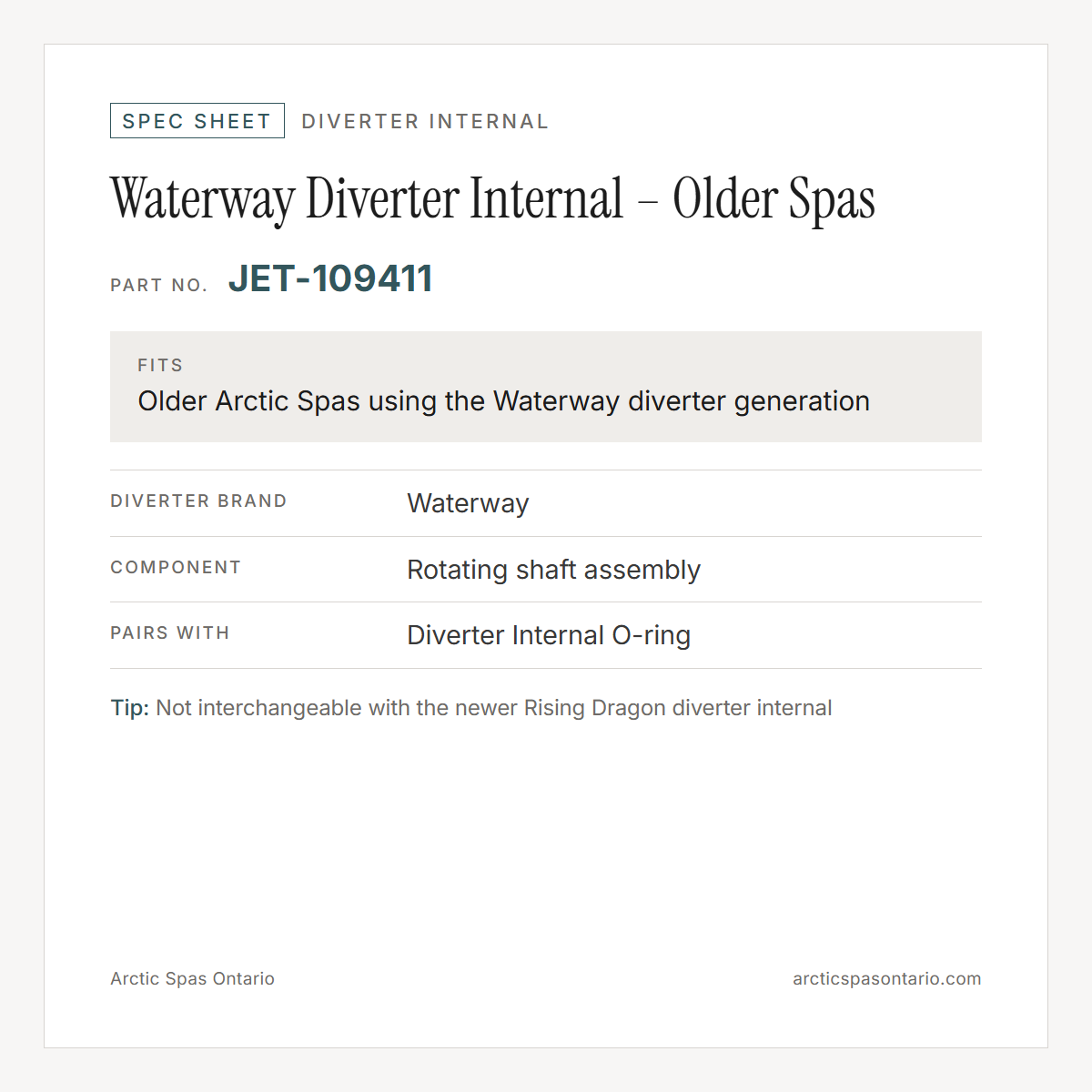 Spec sheet for Waterway Diverter Internal – Older Spas: fitment and key specs