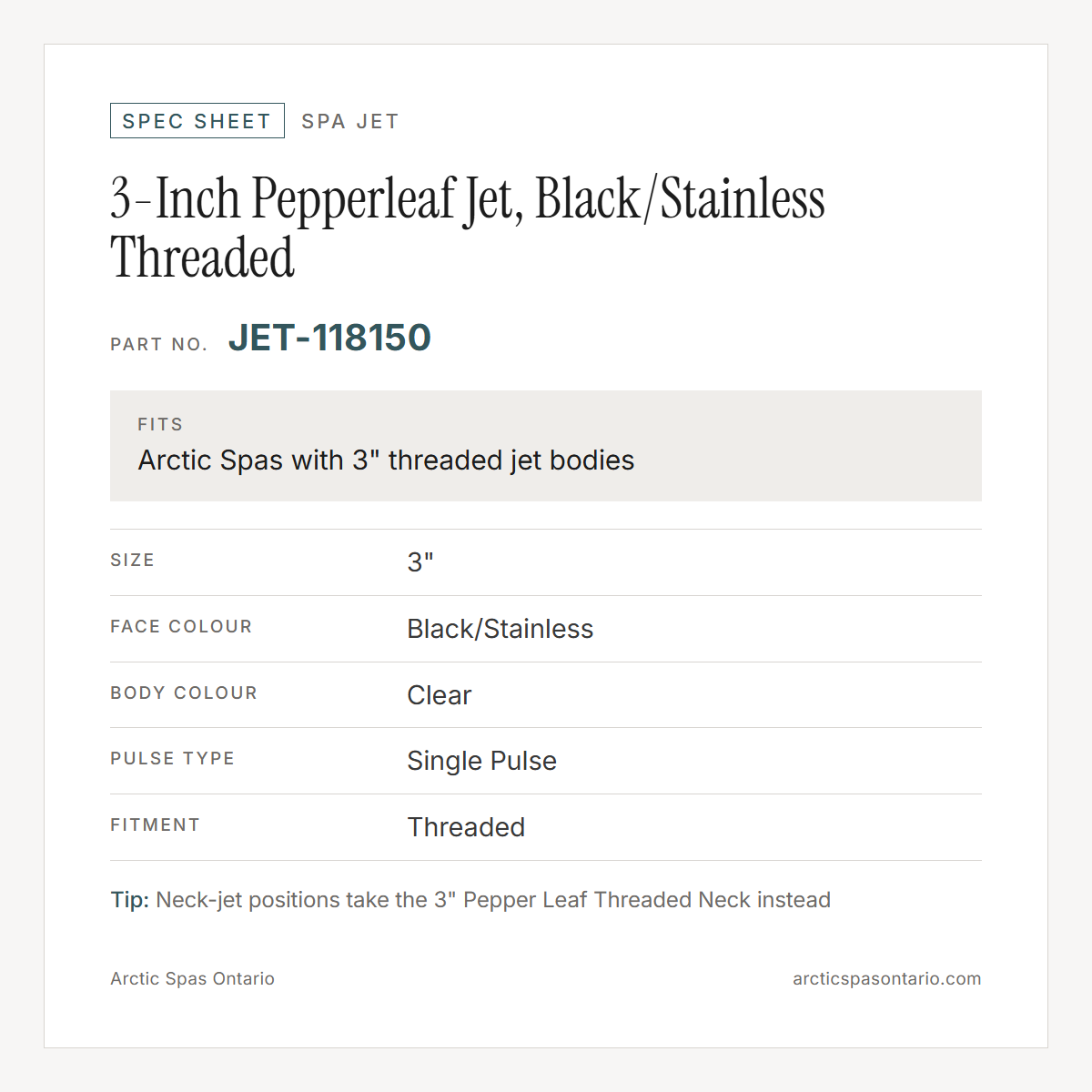 Spec sheet for 3-Inch Pepperleaf Jet, Black/Stainless Threaded: fitment and key specs