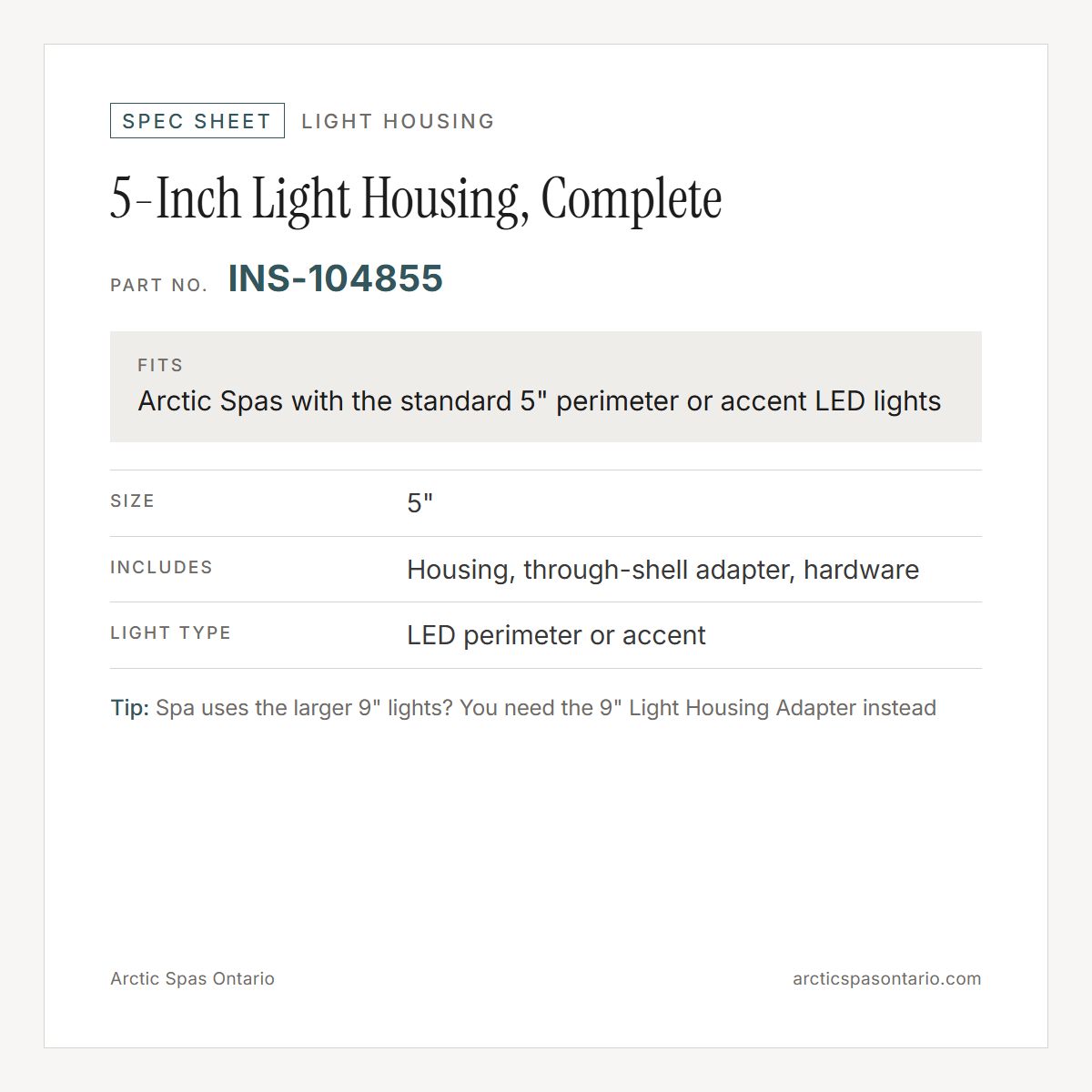 Spec sheet for 5-Inch Light Housing, Complete: fitment and key specs