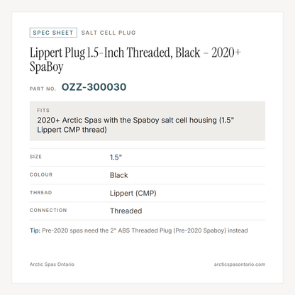 Spec sheet for Lippert Plug 1.5-Inch Threaded, Black – 2020+ SpaBoy: fitment and key specs