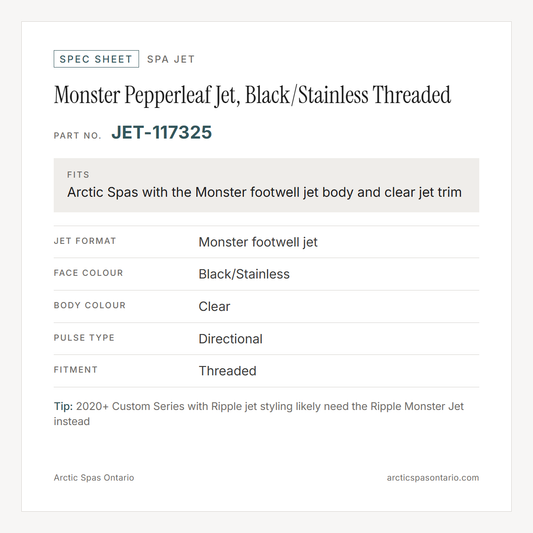 Spec sheet for Monster Pepperleaf Jet, Black/Stainless Threaded: fitment and key specs