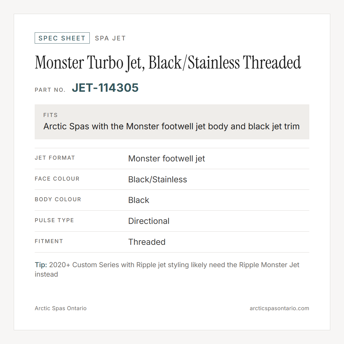Spec sheet for Monster Turbo Jet, Black/Stainless Threaded: fitment and key specs