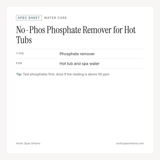 Spec sheet for No-Phos Phosphate Remover for Hot Tubs: fitment and key specs