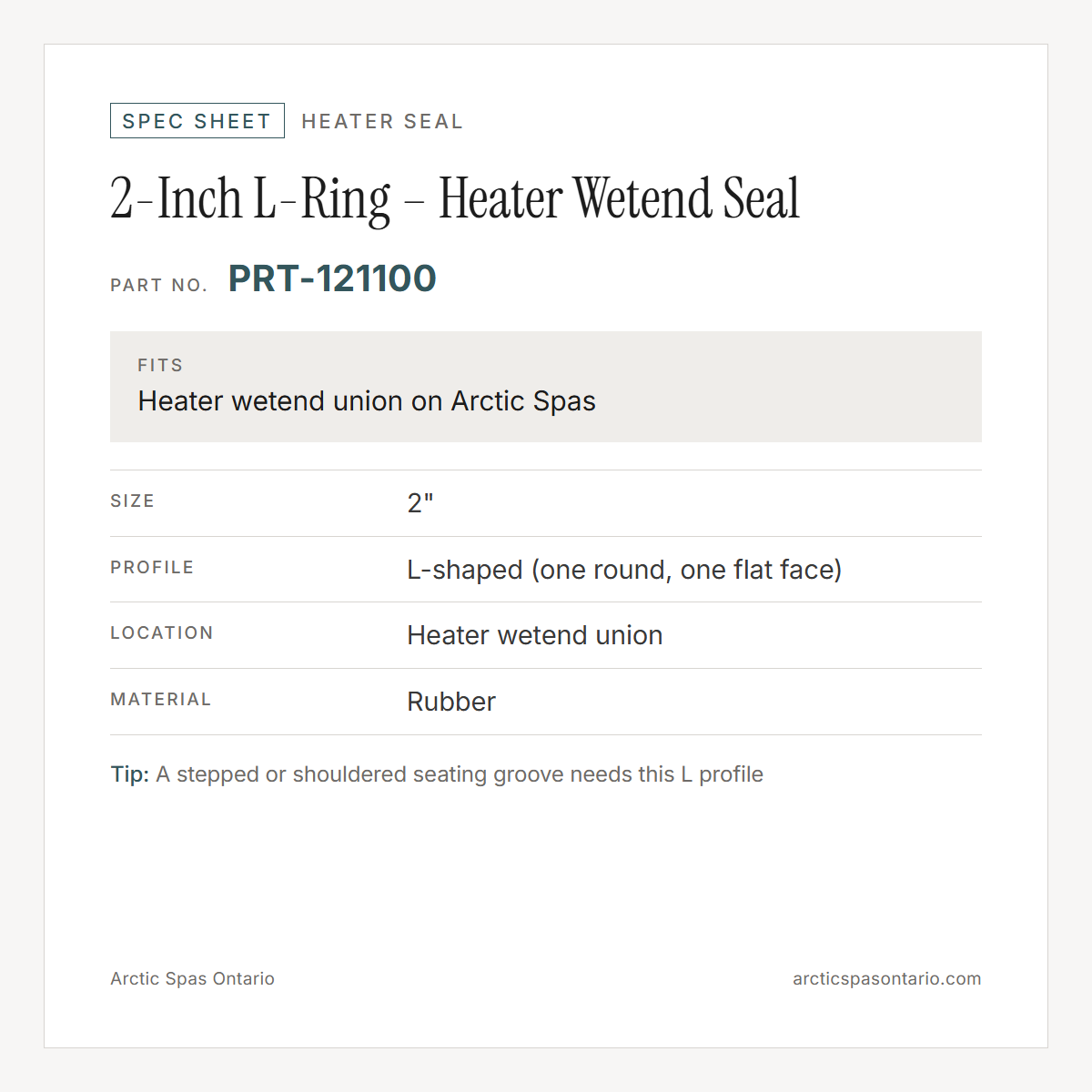 Spec sheet for 2-Inch L-Ring – Heater Wetend Seal: fitment and key specs