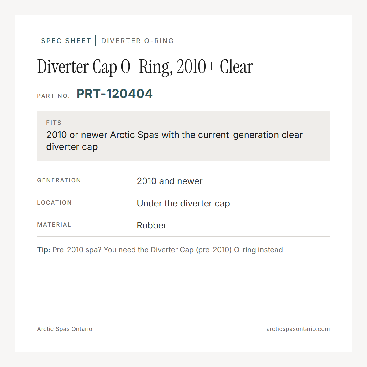 Spec sheet for Diverter Cap O-Ring, 2010+ Clear: fitment and key specs