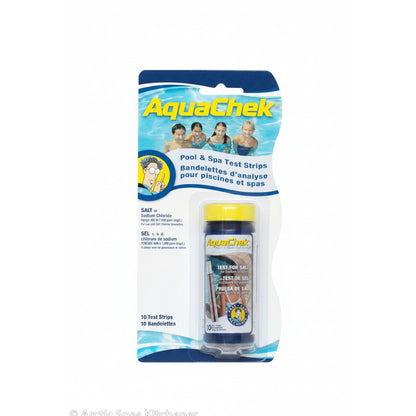 AquaChek salt pool and spa test strips blister card with 10-strip bottle and yellow cap