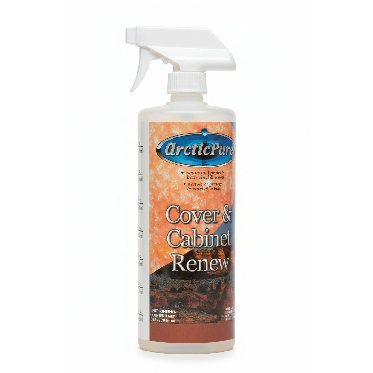 Clear 946 ml spray bottle of Arctic Pure Cover & Cabinet Renew with orange desert label and white trigger