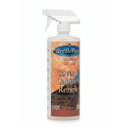 Clear 946 ml spray bottle of Arctic Pure Cover & Cabinet Renew with orange desert label and white trigger