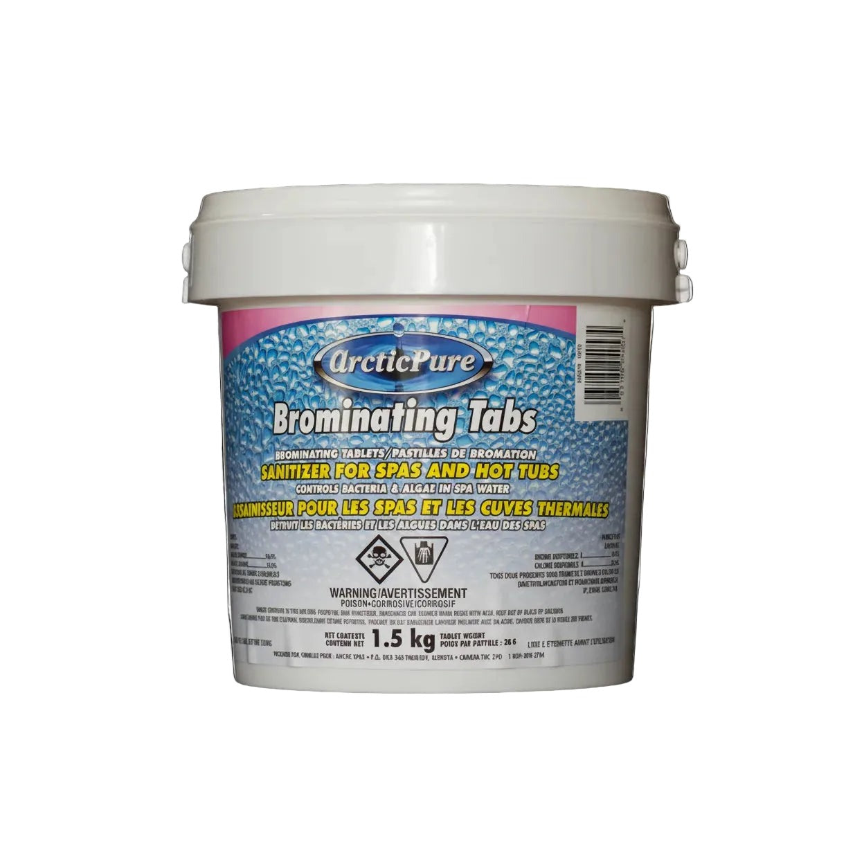 White pail of Arctic Pure Brominating Tabs with blue water-drop label showing 1.5 kg, white background