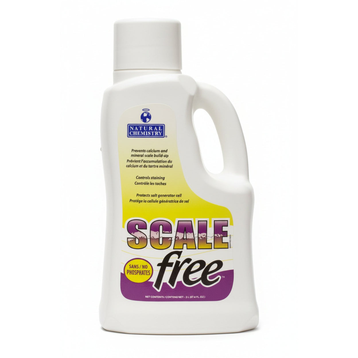 White 2 L jug of Natural Chemistry Scale Free scale preventer with yellow and purple label