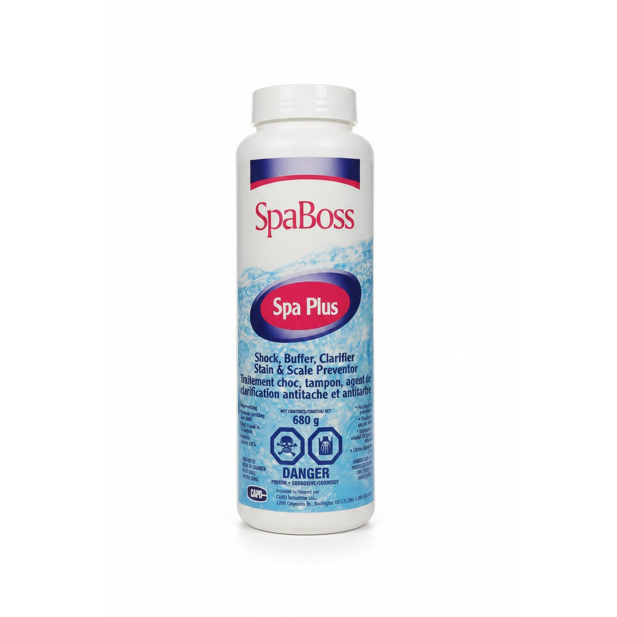 White 680 g bottle of SpaBoss Spa Plus shock, buffer and clarifier with blue water label