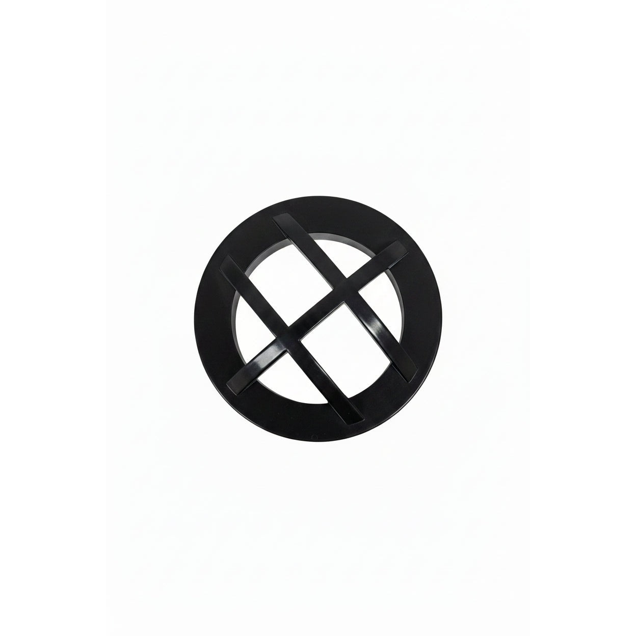 Black Lippert 1.5 inch threaded grate, front view showing criss-cross lattice over open center, for 2020+ SpaBoy