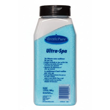 Clear 800 g bottle of Arctic Pure Ultra-Spa water conditioner showing blue granules, black cap