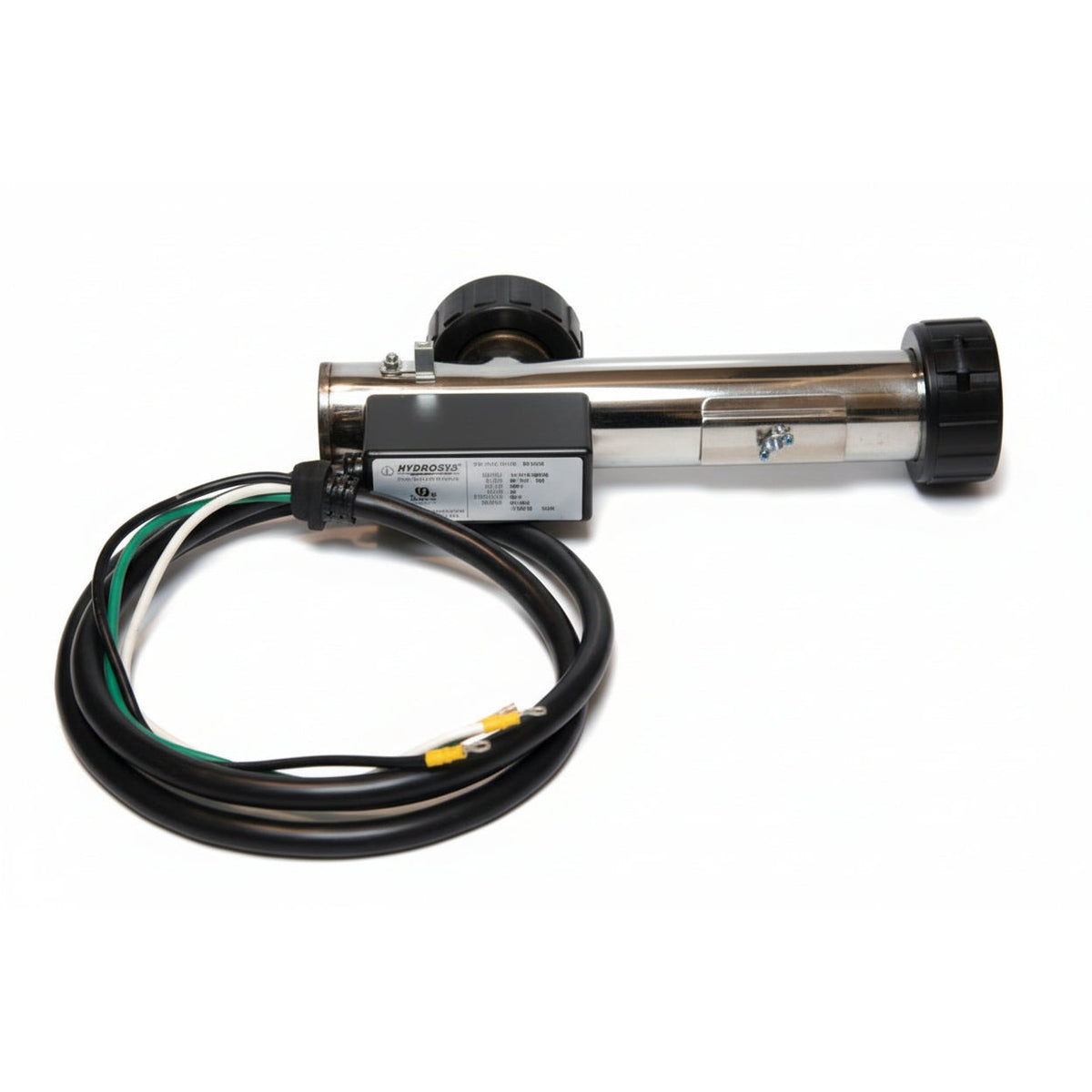 5.5kW spa heater with 90-degree elbow, stainless tube, black split nuts, Hydrosys label and coiled cord