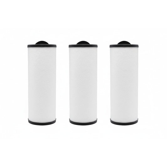 Three Atlantis thread-in filters with black caps and threaded top fittings