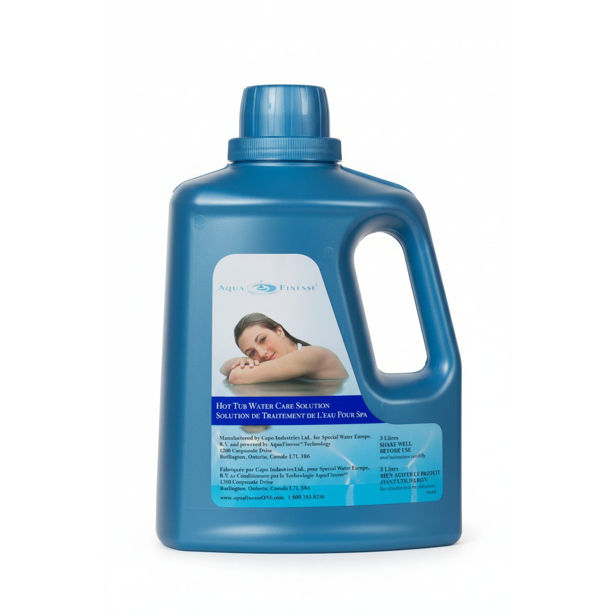 Blue 3 L jug of AquaFinesse Hot Tub Water Care Solution with label showing woman resting on water