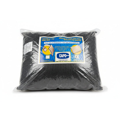 Black knit weighted booster cushion sealed in clear Capo-branded spa and bathtub packaging