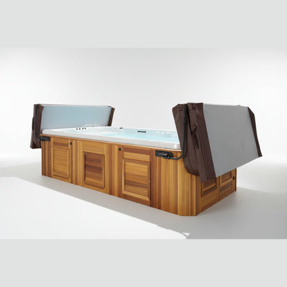Brown two-piece swim spa cover folded open on cedar Arctic Spa