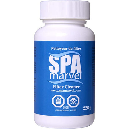 White 226 g bottle of Spa Marvel Filter Cleaner with blue bilingual label, white background