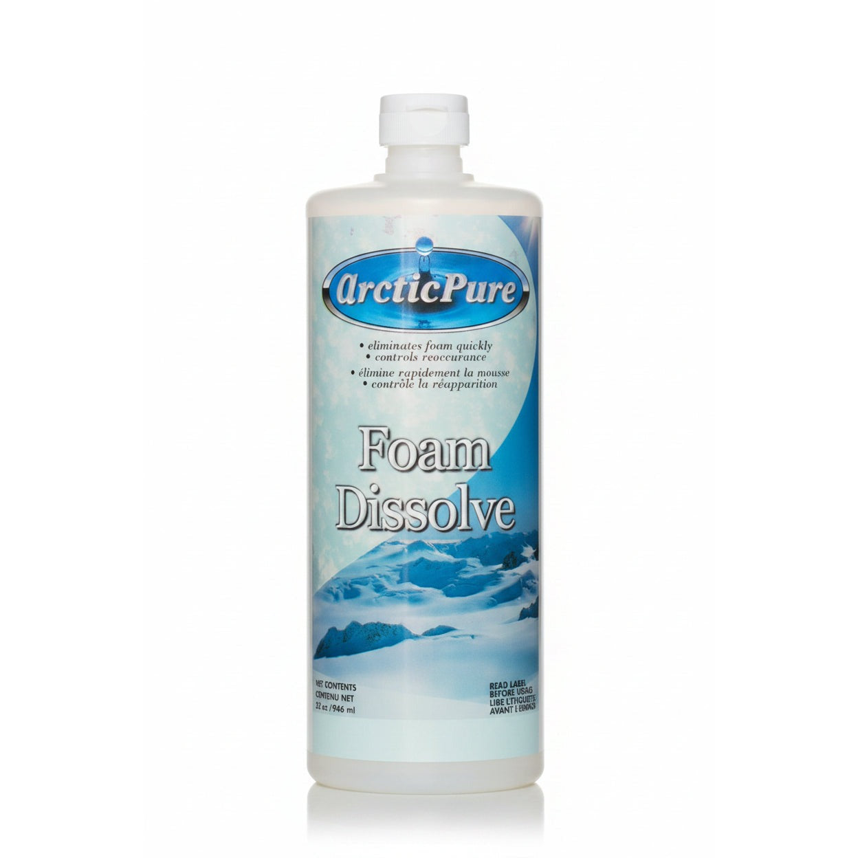 Bottle of Arctic Pure Foam Dissolve 946 ml with snowy mountain label, white background