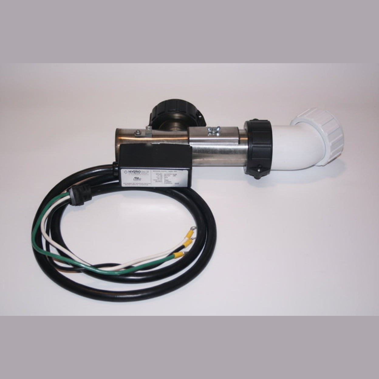 5.5kW spa heater with 90-degree elbow and white 45-degree union fitting on stainless tube, black split nuts