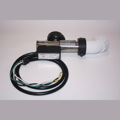 5.5kW spa heater with 90-degree elbow and white 45-degree union fitting on stainless tube, black split nuts