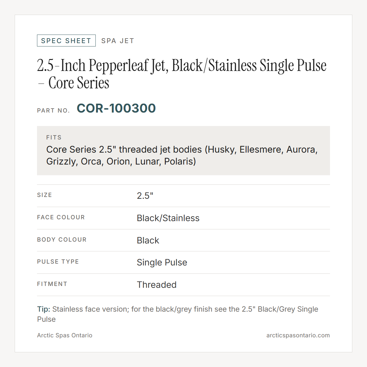 Spec sheet for 2.5-Inch Pepperleaf Jet, Black/Stainless Single Pulse – Core Series: fitment and key specs