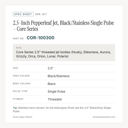 Spec sheet for 2.5-Inch Pepperleaf Jet, Black/Stainless Single Pulse – Core Series: fitment and key specs