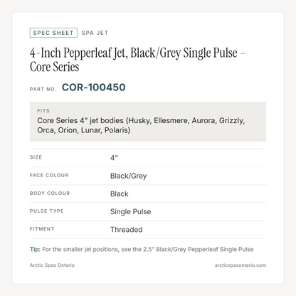 Spec sheet for 4-Inch Pepperleaf Jet, Black/Grey Single Pulse – Core Series: fitment and key specs