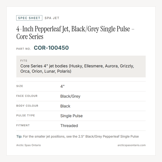 Spec sheet for 4-Inch Pepperleaf Jet, Black/Grey Single Pulse – Core Series: fitment and key specs